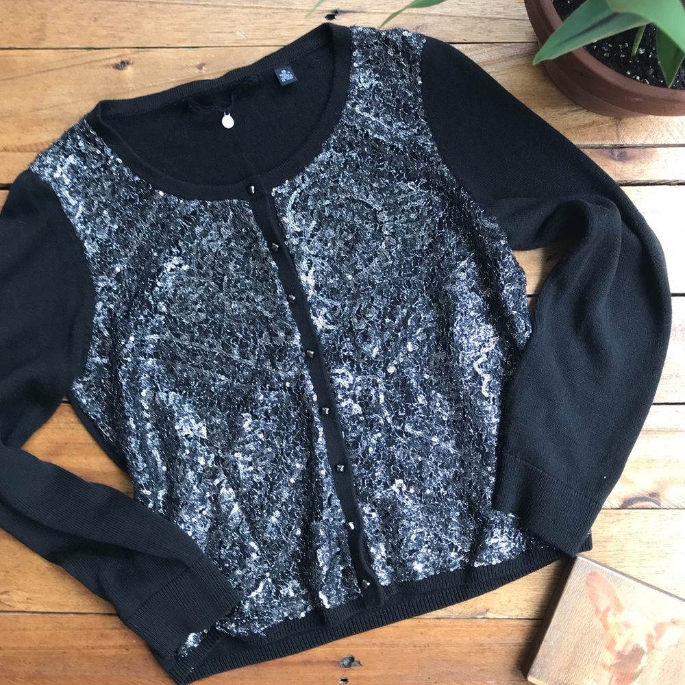 Anthro Knitted & Knotted Black Sequin Cardigan